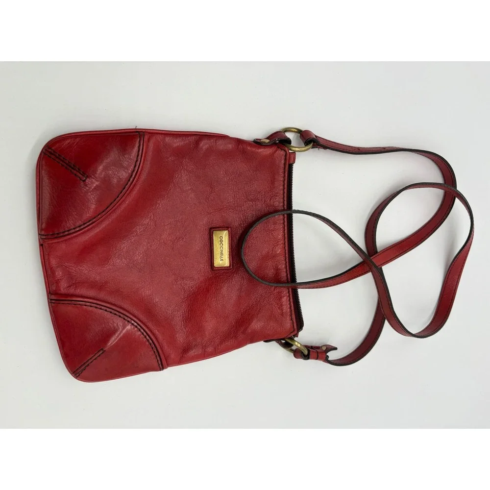 Coccinelle Red Leather Crossbody Bag Italian Small Messenger Purse Gold Logo